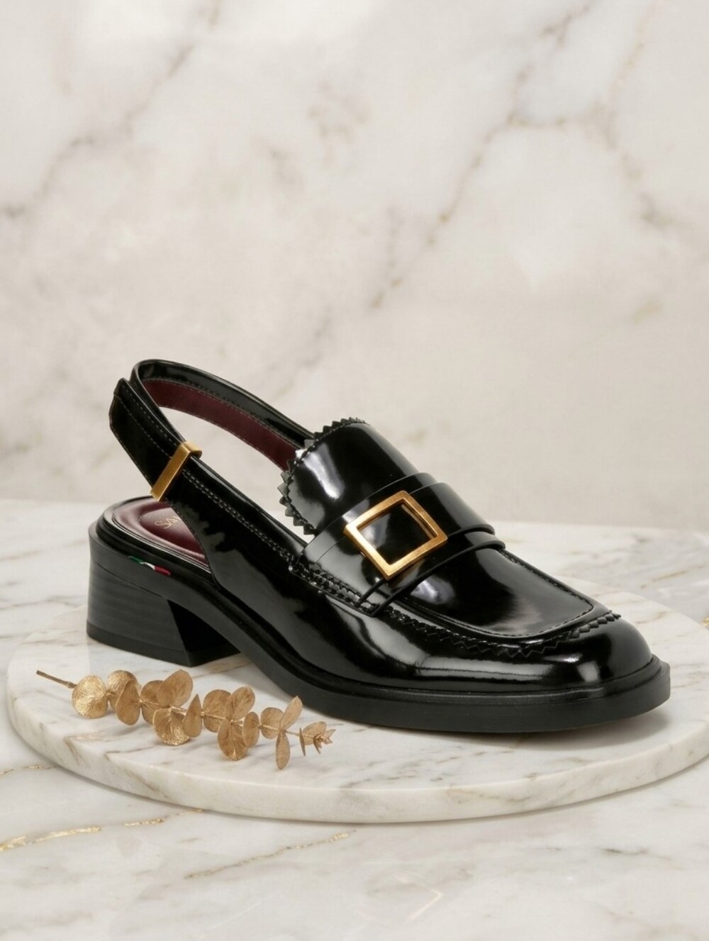 Franco Sarto Gianna Black Patent Slingback Loafers Gold Buckle Sz US 9.5M